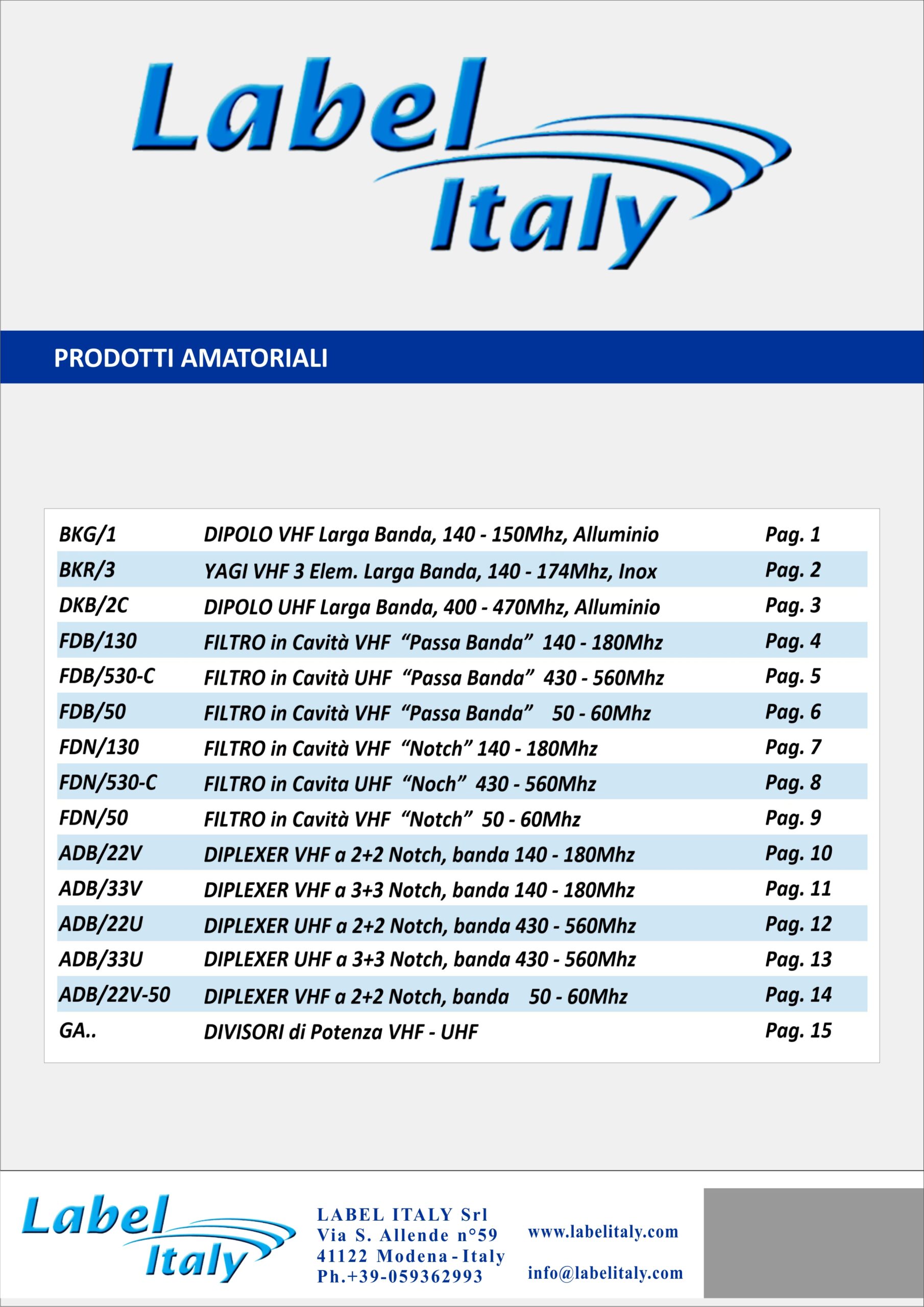 Lista prodotti Amatoriali Label Italy